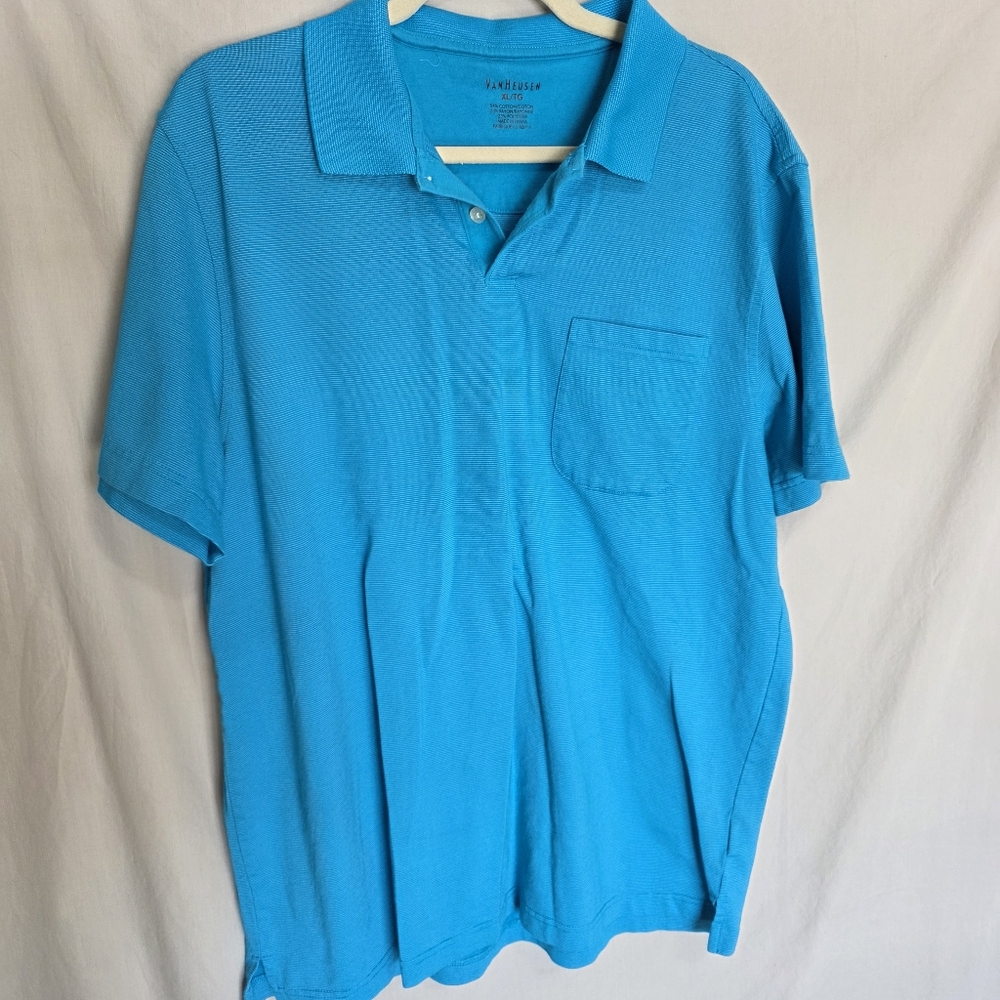 Van Heusen Teal Polo Short Sleeve Shirt Men's Size XL Pinstripe